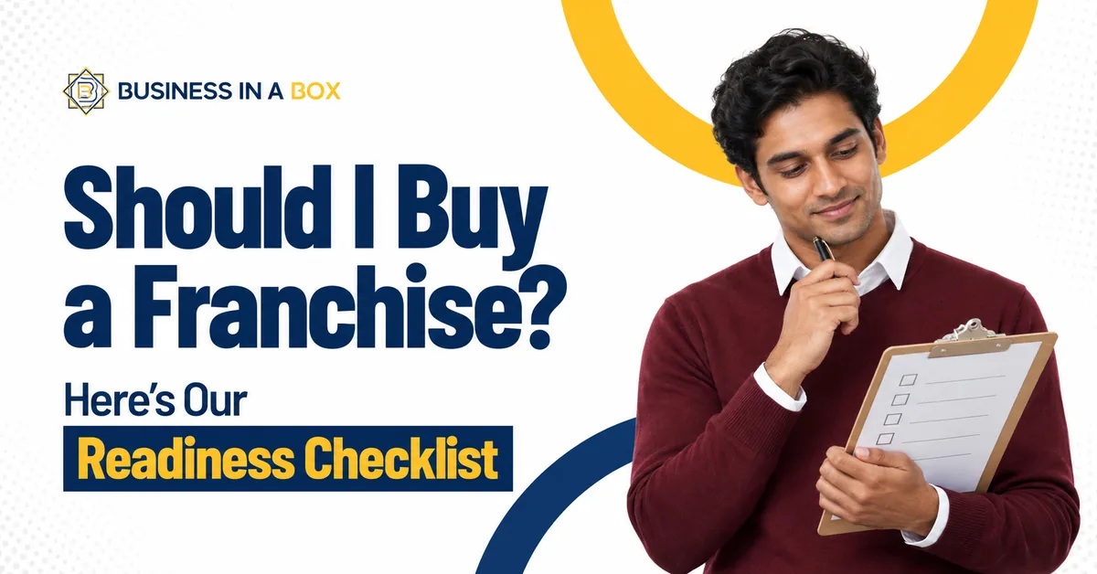 Man reviewing a checklist beside “Should I Buy a Franchise? Here’s Our Readiness Checklist,” with the key phrase highlighted in yellow.