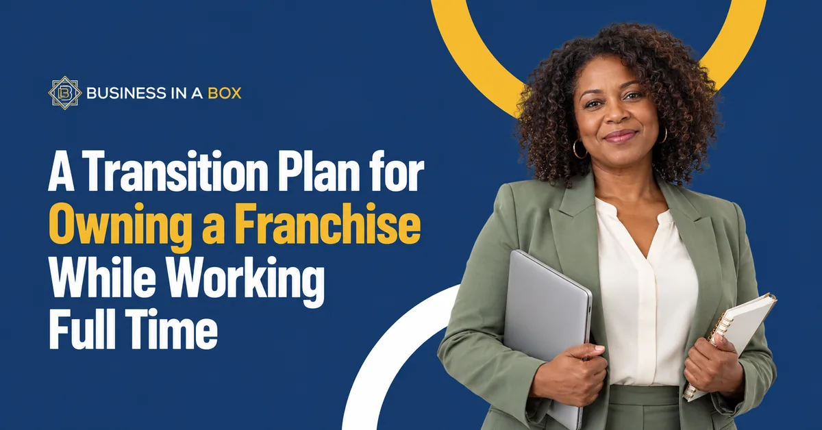 Businesswoman holding a laptop and planner beside “A Transition Plan for Owning a Franchise While Working Full Time,” with “Owning a Franchise” highlighted in yellow.