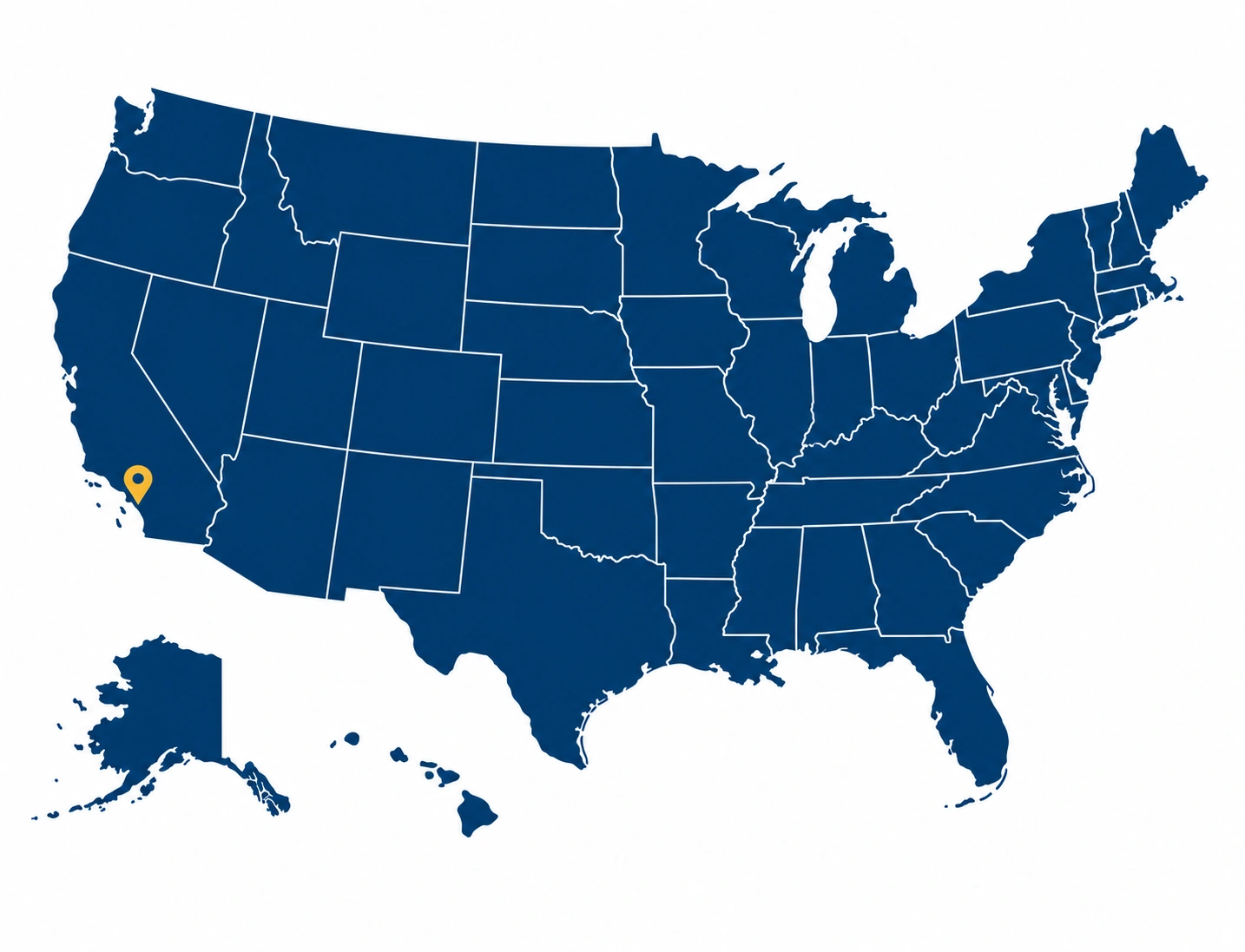 Map of the United States with a gold marker showing Business In A Box’s Southern California base.
